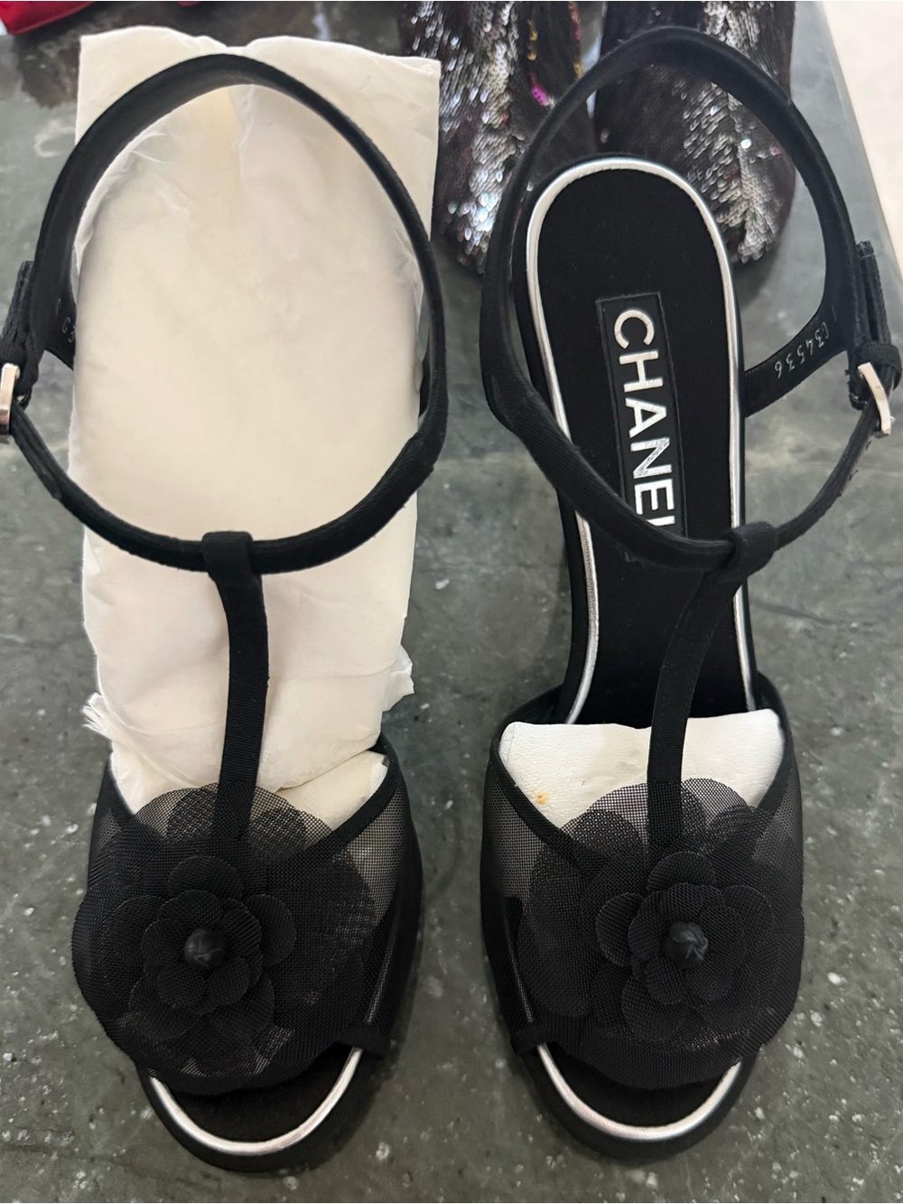 CHANEL Black T-Strap Sandals with Camellia Appliqué